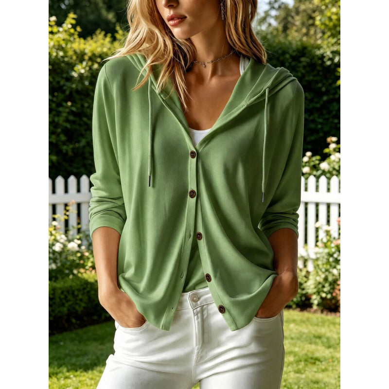 Women Lightweight Hooded Cardigan with Button Placket and Relaxed Fit Mune Fashion