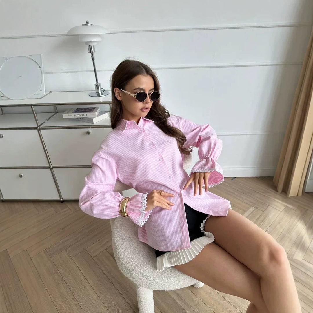 Ladies Striped Cotton Blouse with Lace Trim on Bell Sleeves Mune Fashion