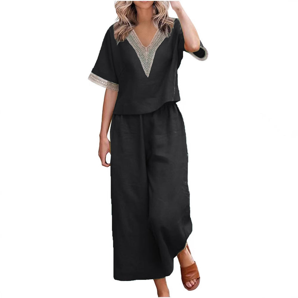 Ladies Fashionable Two-Piece Set with V-Neck and Decorative Accents Mune Fashion