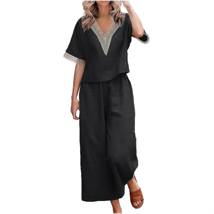 Ladies Fashionable Two-Piece Set with V-Neck and Decorative Accents Mune Fashion