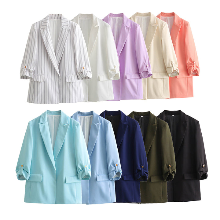 Women's unstructured long blazer with boxy cut, roll-up sleeves and piped flaps Mune Fashion