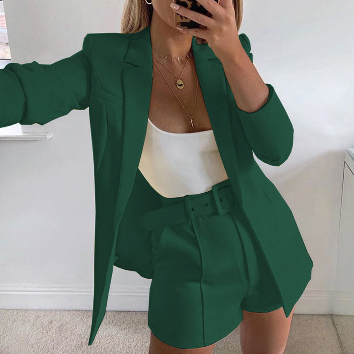 Women's Tailored Longline Blazer with High-Waisted Belt Shorts Set Mune Fashion