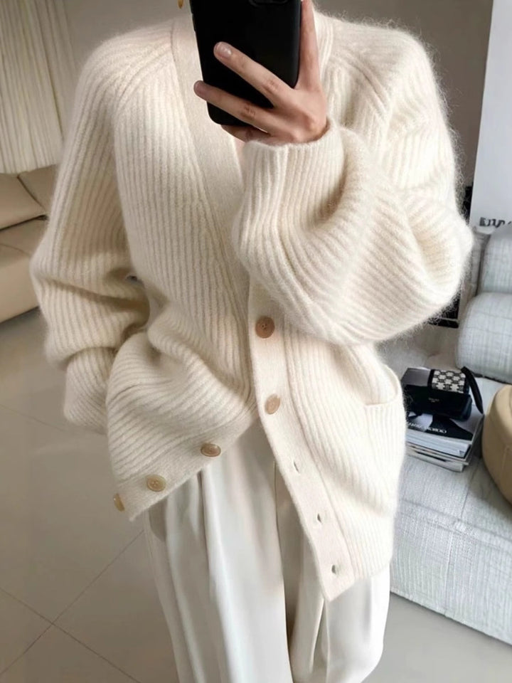 Women Long Oversized Cardigan made of soft ribbed knit with wooden button placket Mune Fashion