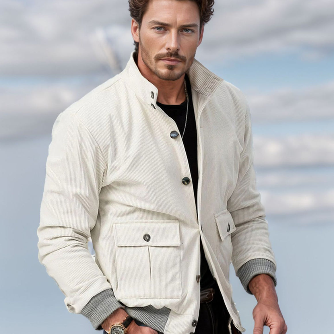 Men's Corduroy Field Jacket with Flap Pockets and Stand Collar Mune Fashion