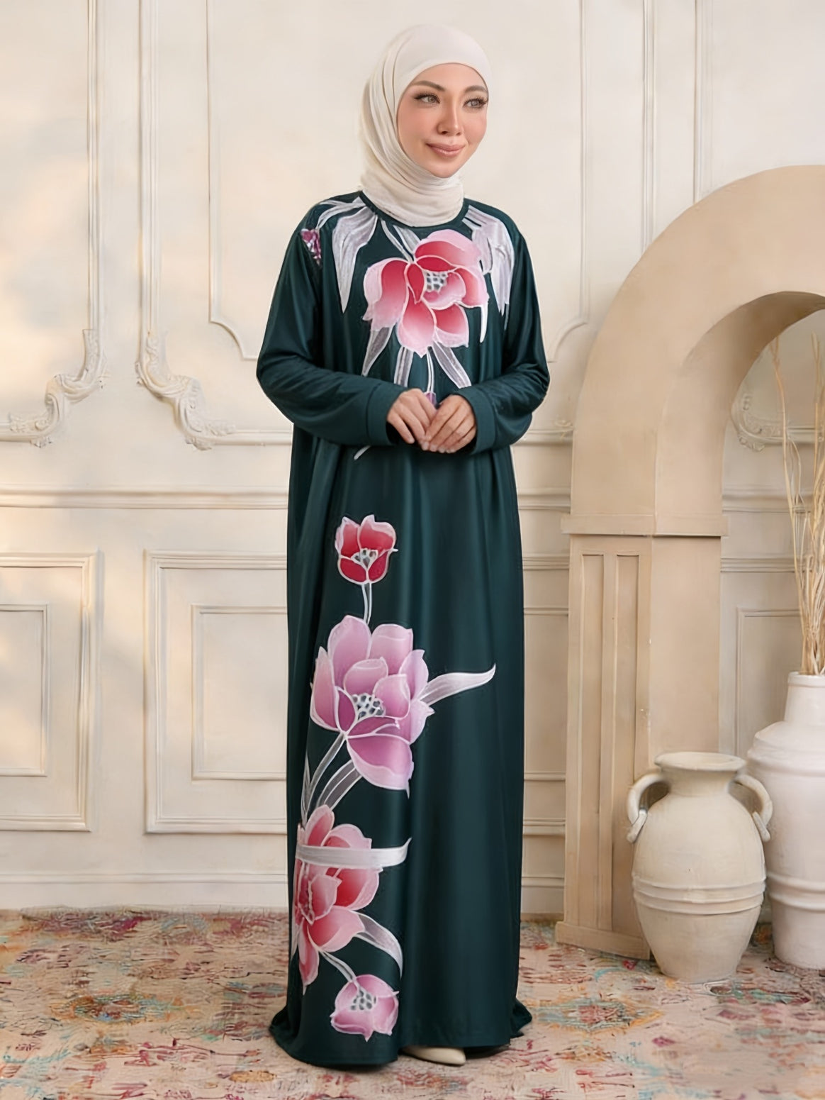 Women's maxi dress in kaftan style with hand-painted floral print Mune Fashion