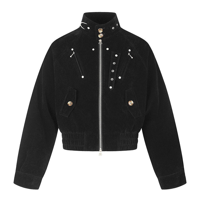 Women's short suede bomber jacket with high stand-up collar and metallic details Mune Fashion