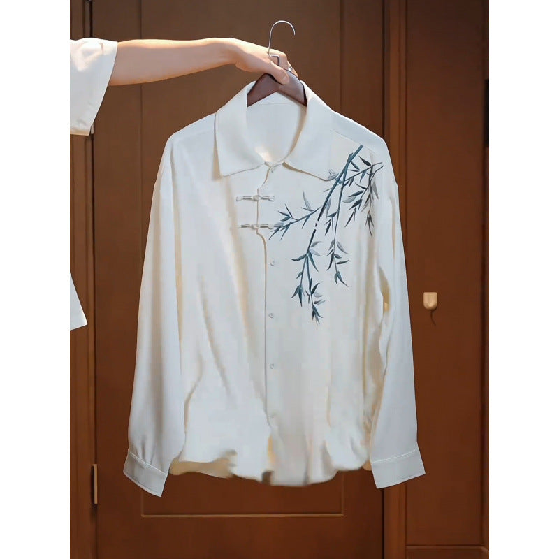 Women's Lightweight Long Sleeve Blouse with Shirt Collar, Decorative Knot Closure and Bamboo Print Mune Fashion