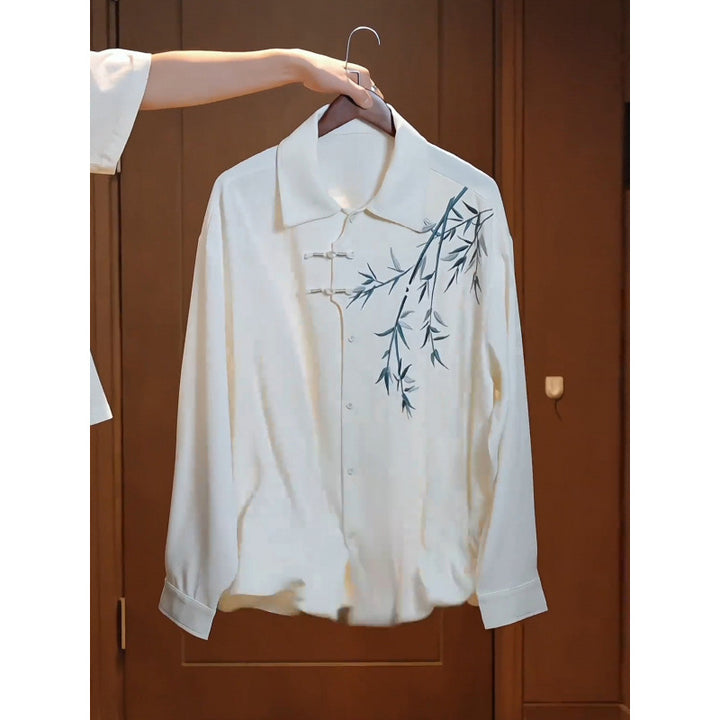 Women's Lightweight Long Sleeve Blouse with Shirt Collar, Decorative Knot Closure and Bamboo Print Mune Fashion
