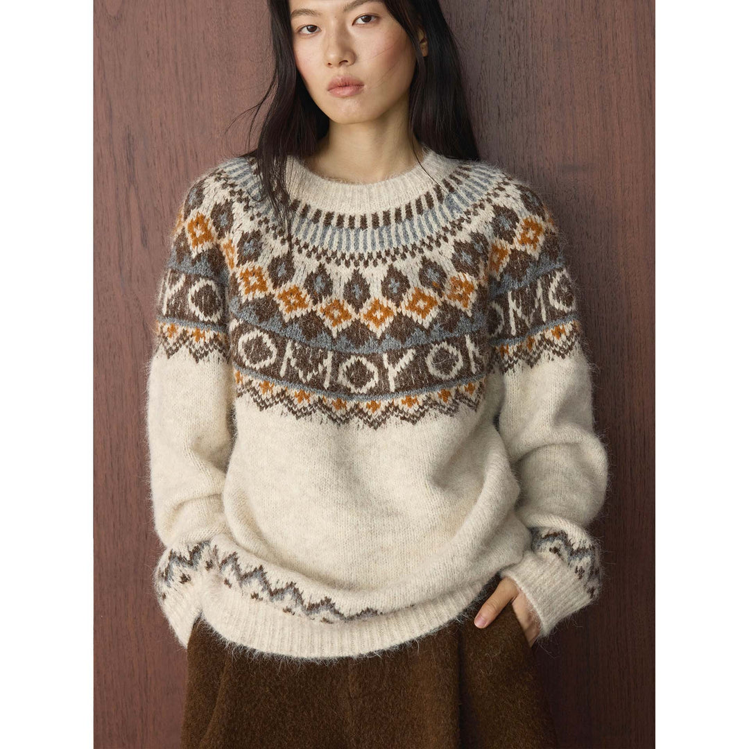 Women's chunky knit crew neck sweater with Norwegian jacquard and mohair mix Mune Fashion