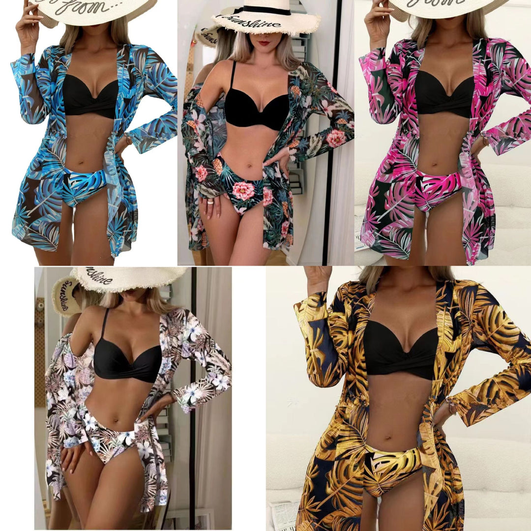 Women's beach bikini with floral embellishments and elegant kimono Mune Fashion