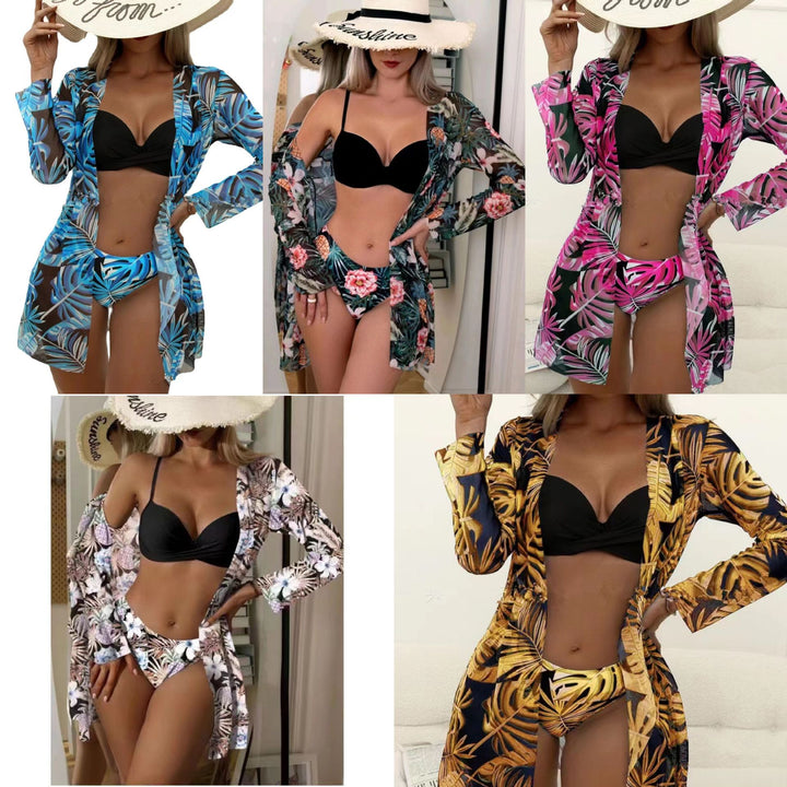 Women's beach bikini with floral embellishments and elegant kimono Mune Fashion