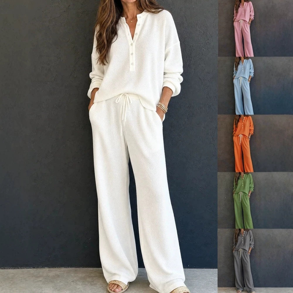 Women Casual Waffle Knit Suit Mune Fashion
