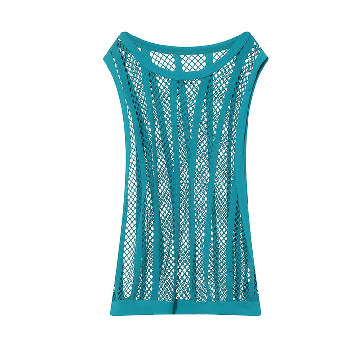 Women's airy hole knit mesh top with wide straps and elastic hem Mune Fashion