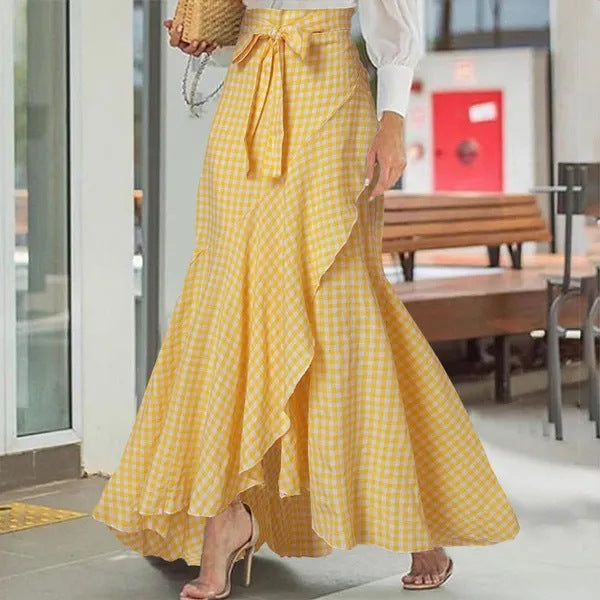 Women nan wrap maxi skirt with Vichy check, high waist tie and asymmetrical flounce hem Mune Fashion
