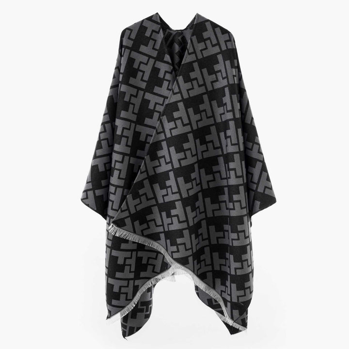 Women's Oversize Cape with Geometric Jacquard and Fringe Hem Mune Fashion