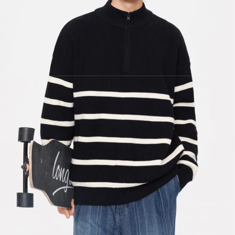 Unisex Oversize Sweater with half zipper, maritime contrast stripes and structured ribbed look Mune Fashion