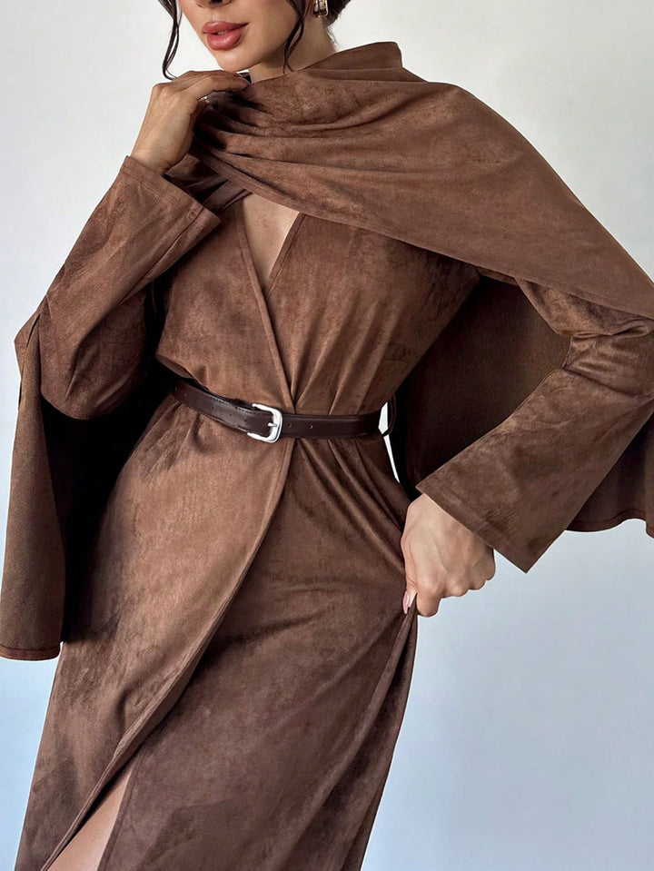 Women’s coat with cape overlay and wrap collar in faux suede Mune Fashion