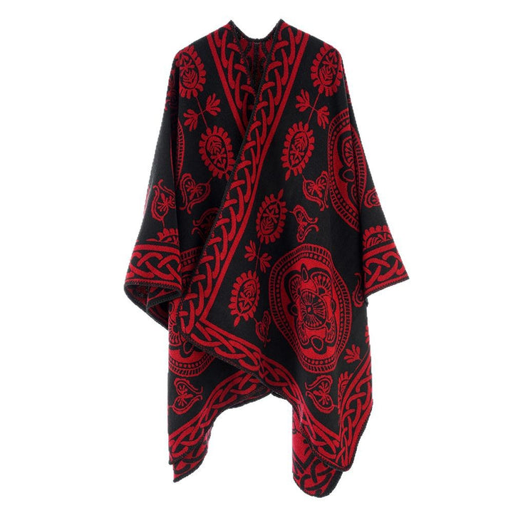 Women's Oversized Cape with Ornamental Jacquard and Asymmetrical Pointed Hem Mune Fashion