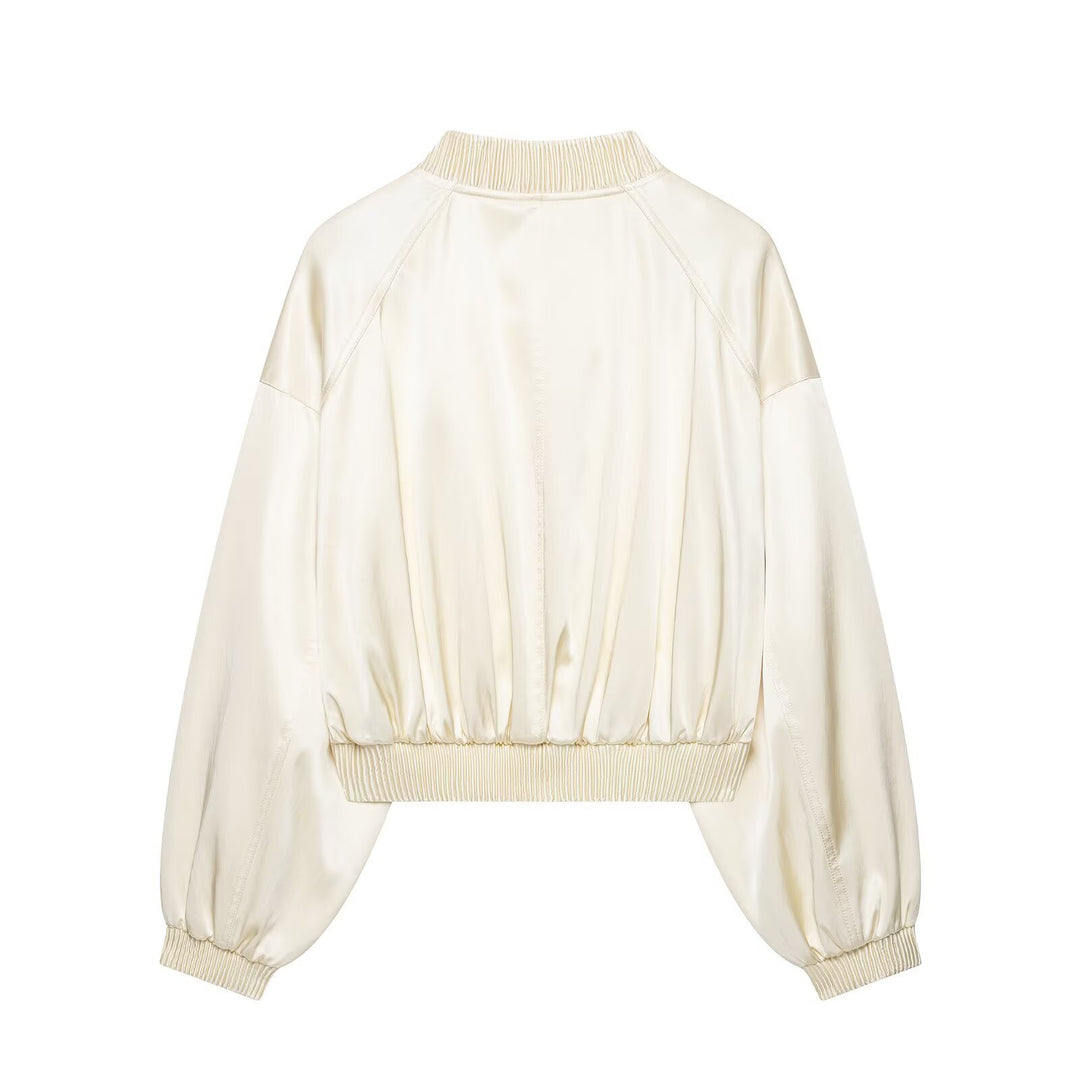 Women's Short Satin Bomber with Oversized Balloon Sleeves and Ribbed Collar Drune