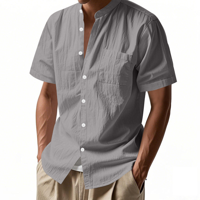Men's nan legeres short-sleeve linen blend shirt with stand-up collar, chest pocket, and continuous button placket Mune Fashion