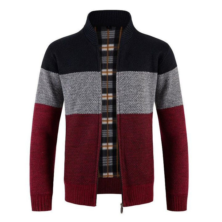 Men's Knitted Zip Cardigan with Stand-Up Collar and Checkered Lining Mune Fashion