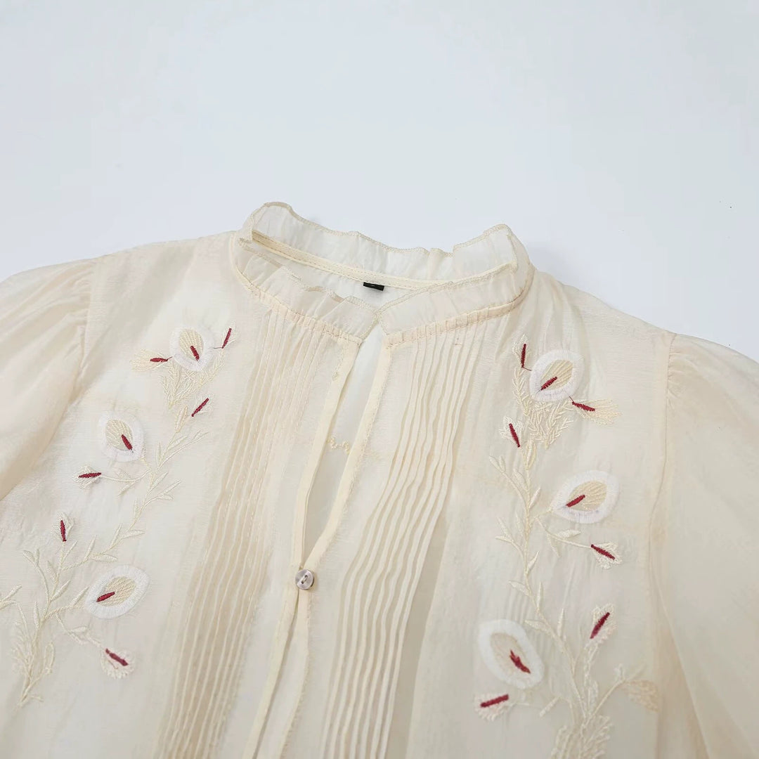 Women Embroidered Chiffon Blouse with Pleated Front and Balloon Sleeves Mune Fashion