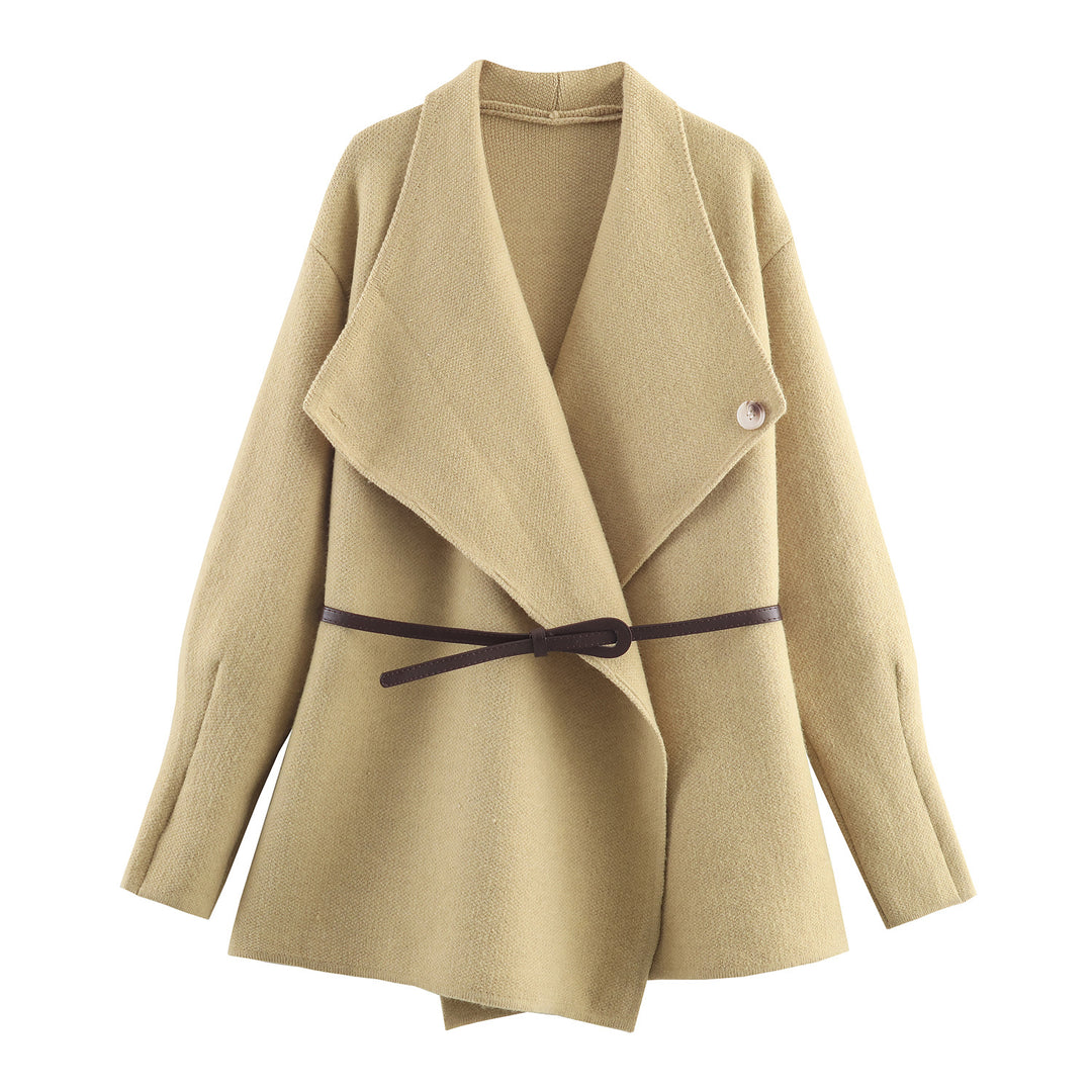 Women's Short Cut Wool Blend Cardigan Coat with Wide Shawl Collar and Narrow Tie Belt Mune Fashion