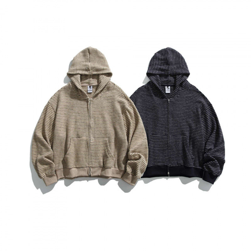 Unisex Boxy Hoodie Sweat Jacket with continuous zipper, striped texture and ribbed hem Mune Fashion