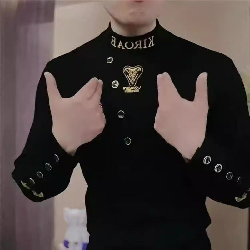 Men's Fitted Long Sleeve Shirt with Stand-Up Collar, Asymmetrical Button Placket and Logo Embroidery Mune Fashion