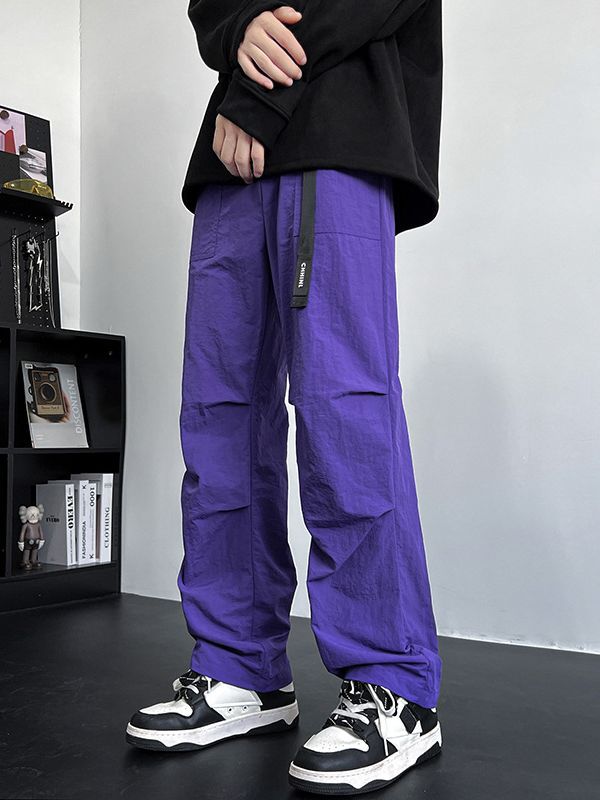 Men's Loose Fit Nylon Cargo Pants with Utility Webbing and Straight Leg Mune Fashion