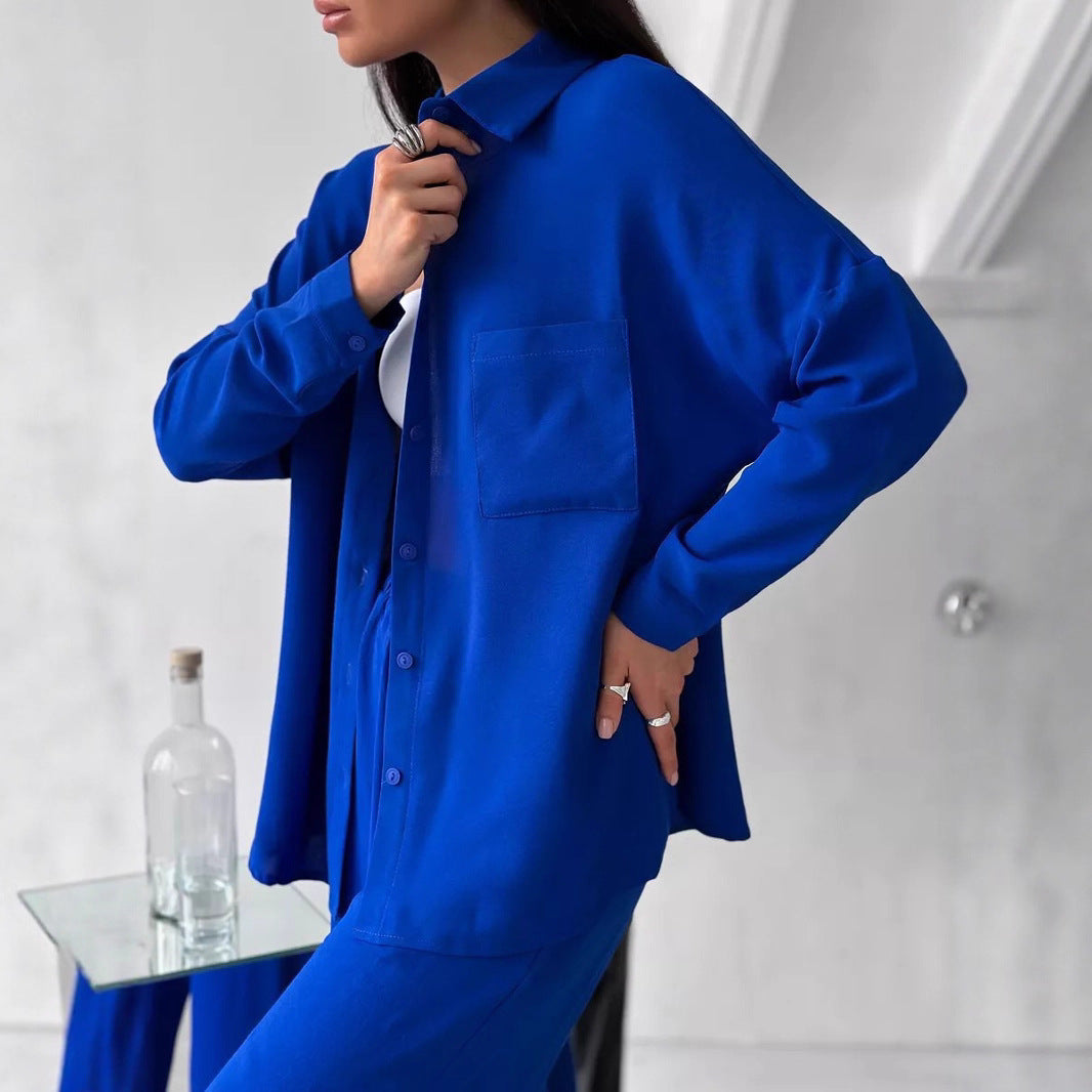 Women Two-Piece Lounge Set Oversize Blouse with Chest Pocket and Wide Palazzo Pants Mune Fashion
