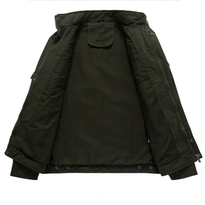 Men's canvas field jacket in military utility style with stand-up collar, epaulettes, and multifunctional pockets Mune Fashion