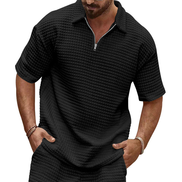 Men's polo collar ensemble with quilted box pattern, short front zipper and loose fit Mune Fashion