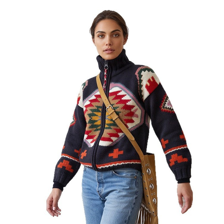 Women's Jacquard Cardigan with Navajo Pattern, Zipper and High Collar Mune Fashion