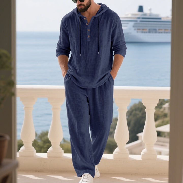 Men's casual linen two-piece set with hooded Henley-style shirt and loose-fitting leisure pants Mune Fashion