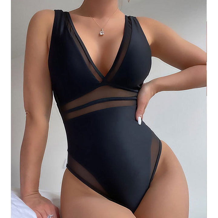 Women Elegant One-Piece Swimsuit with Deep V-Neck and Transparent Inserts Mune Fashion