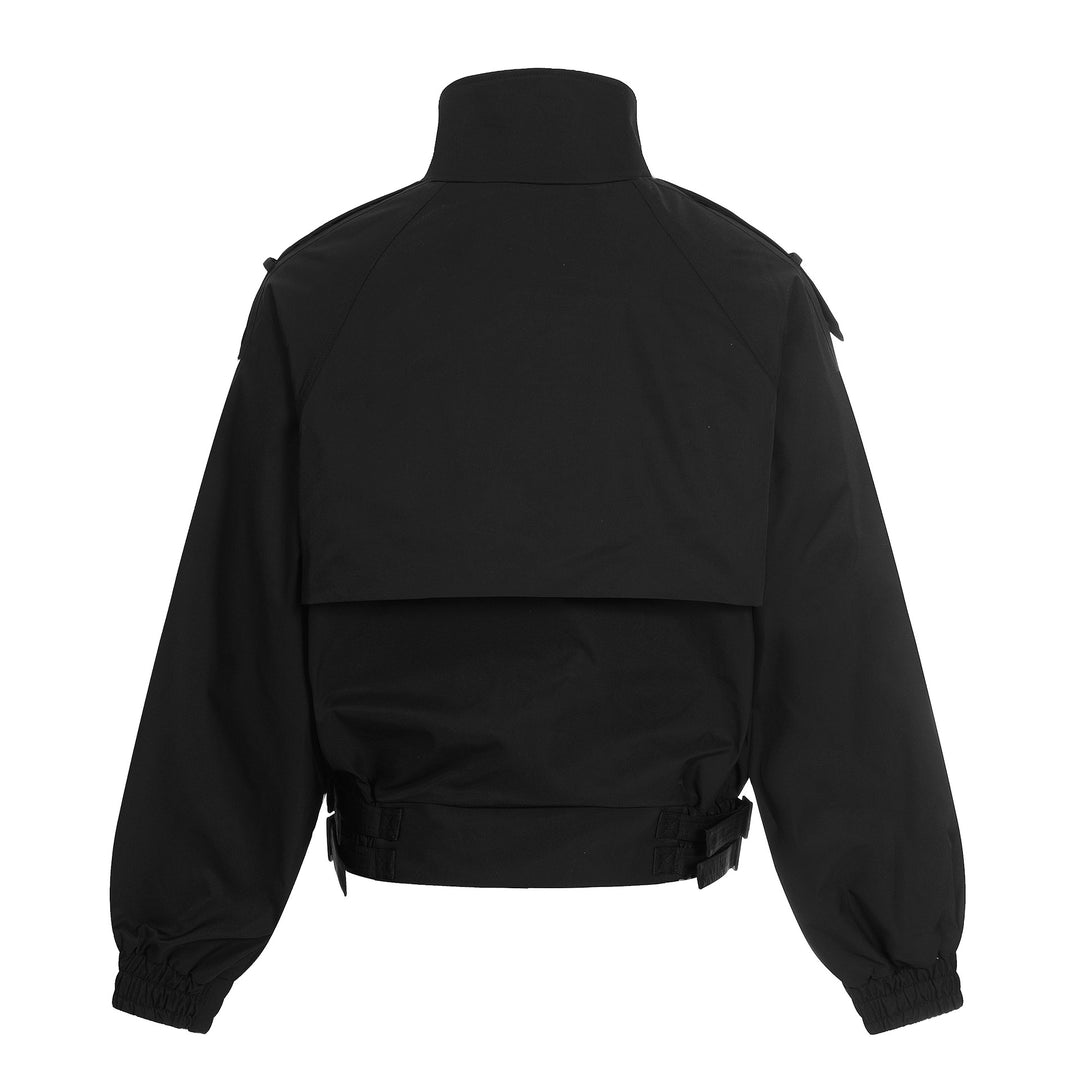 Women's short-cut boxy trench coat with high funnel collar, shoulder flaps, and adjustable waist belt Mune Fashion