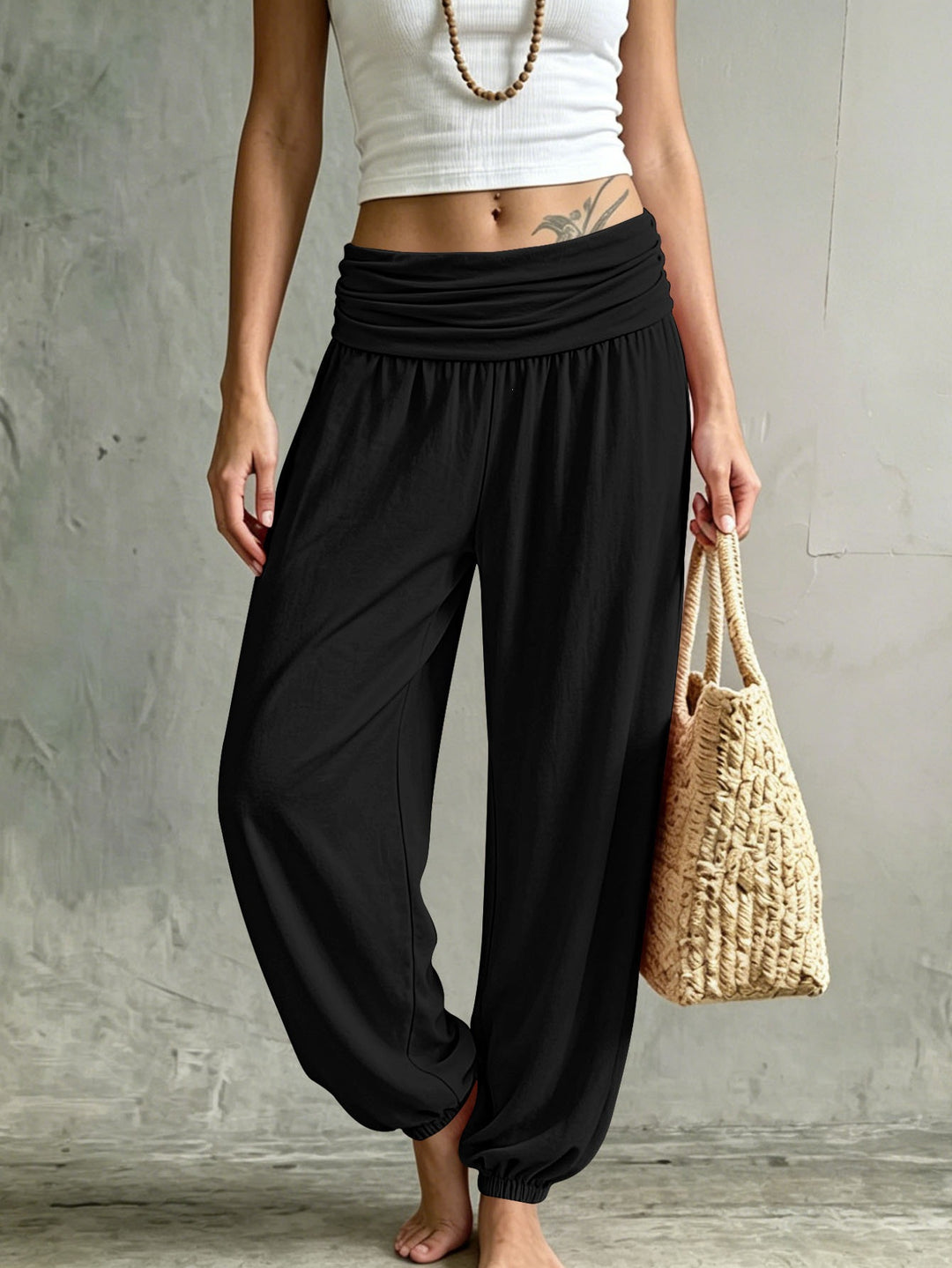 Women's Palazzo-Harem Pants with Gathered Wraparound Waist and Elastic Cuffs Mune Fashion