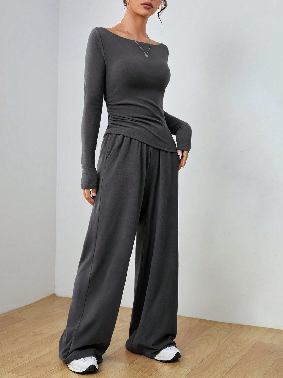 Women's Casual Two-Piece Lounge Set with Boat Neck, Tailored Draping and Wide Palazzo Pants Mune Fashion