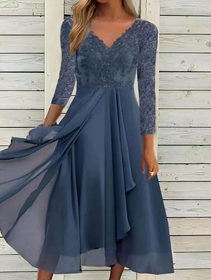Women's midi dress with floral lace bodice, V-neckline, and layered chiffon skirt Mune Fashion