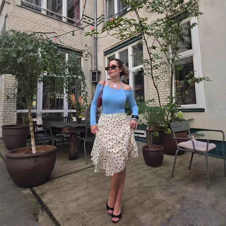 Ladies Polka Dot Chiffon Ruffle Midi Skirt with Wrap Look and Asymmetric Hem Mune Fashion