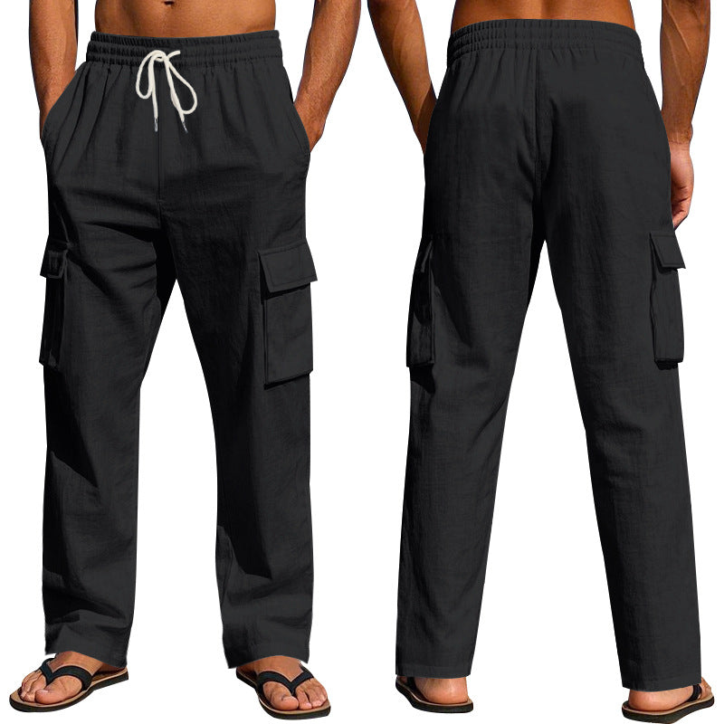 Men's loose linen cargo pants with elastic drawstring waistband and patch flap pockets Mune Fashion