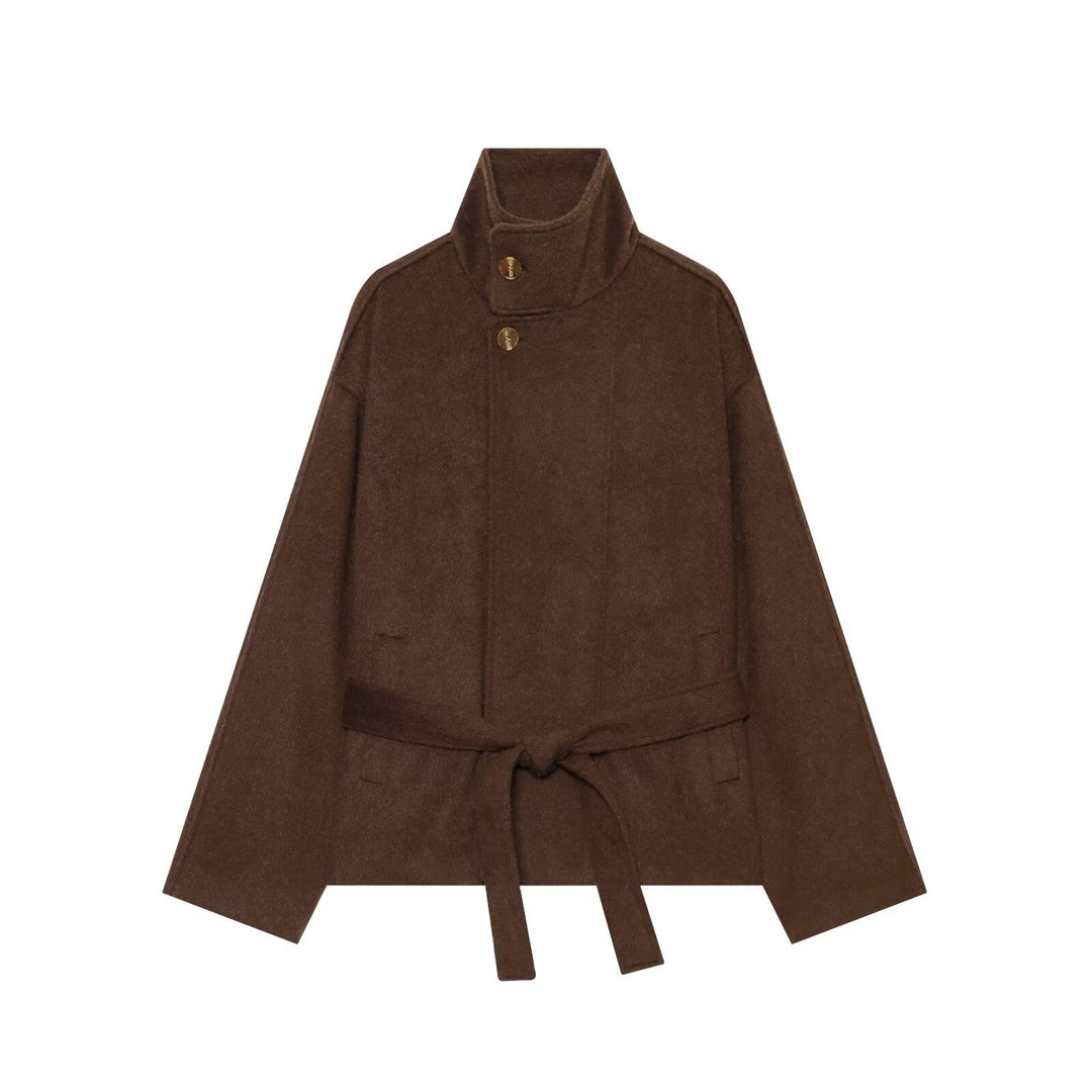 Women's short cape coat made of wool blend with high standing collar and waist belt Drune
