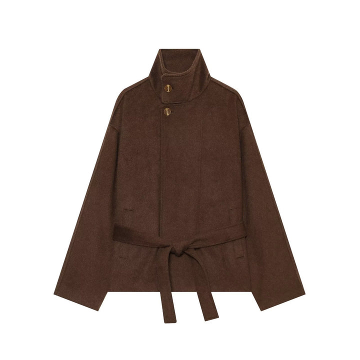 Women's short cape coat made of wool blend with high standing collar and waist belt Drune