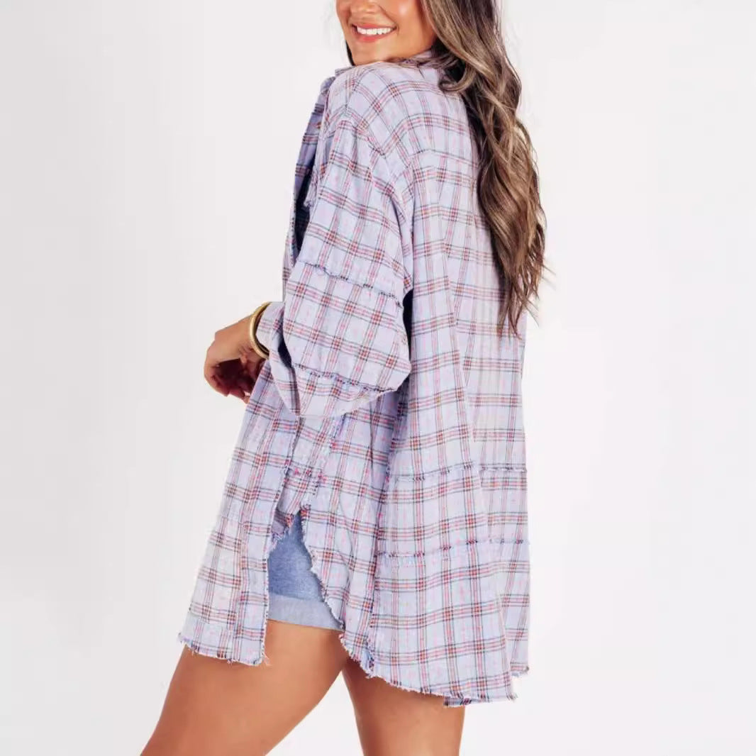 Women's oversized check shirt with fringe trim, chest pockets, and loose fit Mune Fashion