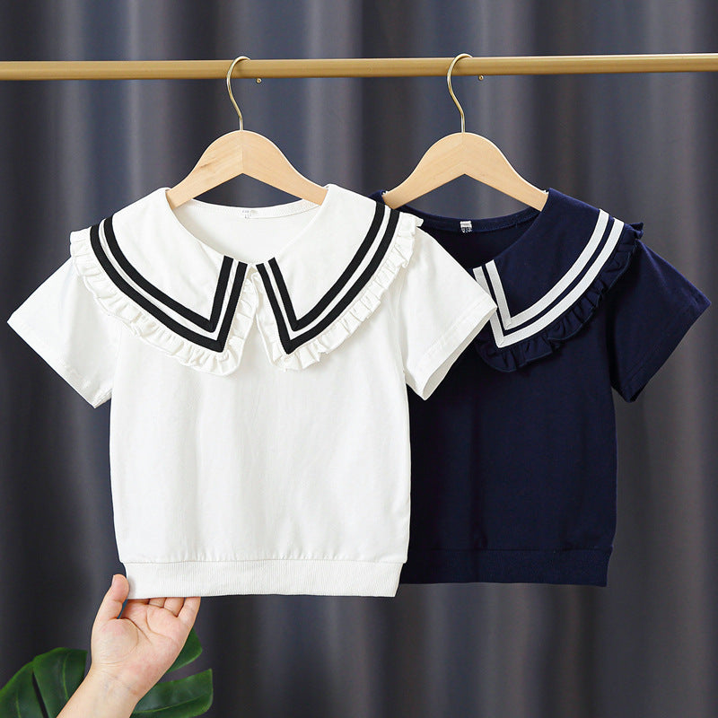 Girl T-shirt with elegant sailor collar and ruffle details Mune Fashion