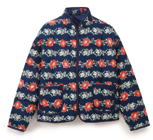 Women's nan quilted stand-up collar jacket with floral vertical print, patch pockets, and contrasting piping Mune Fashion