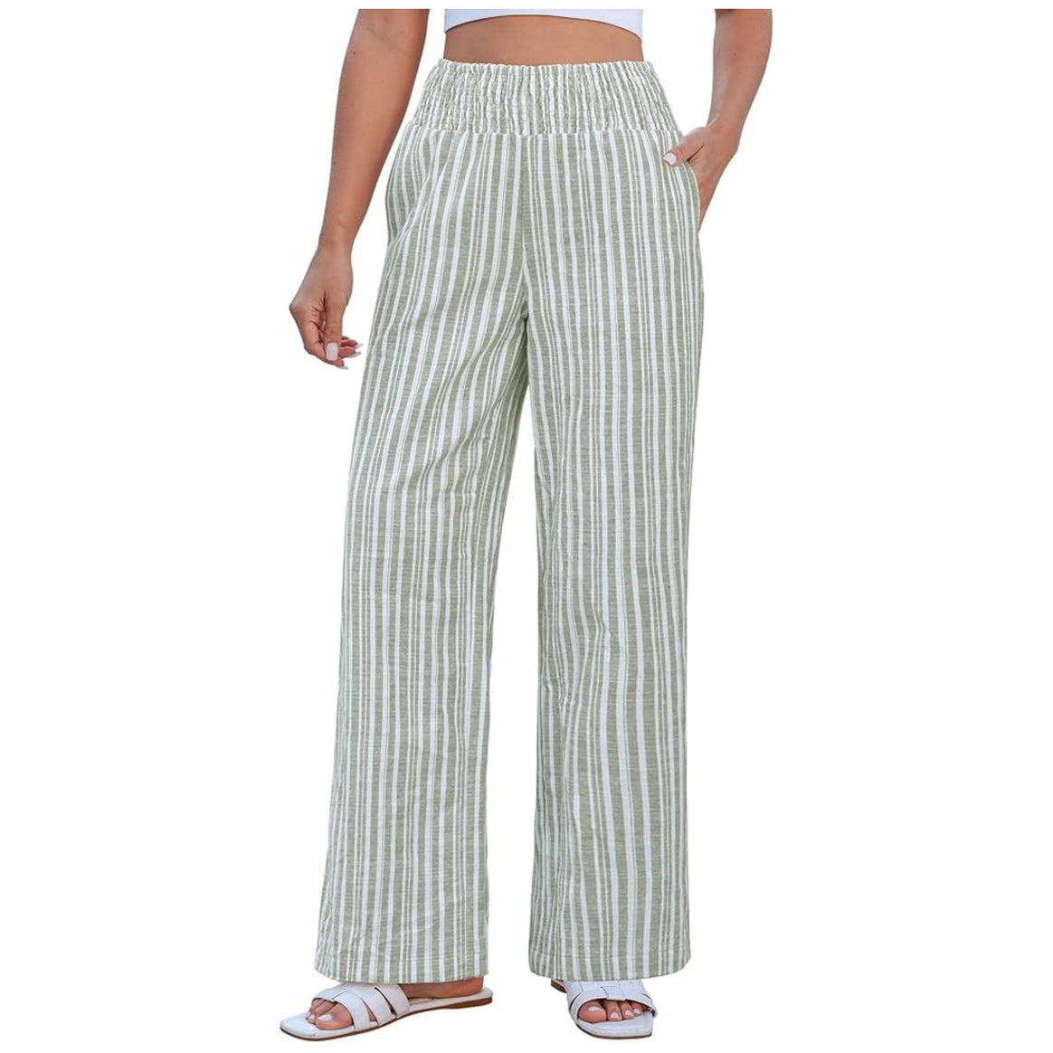Women Lightweight Linen Look Palazzo Pants with High Smocked Waistband and Side Pockets Mune Fashion