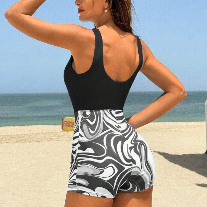 Women's one-piece swimsuit with high-waisted shorts and elegant pattern Mune Fashion