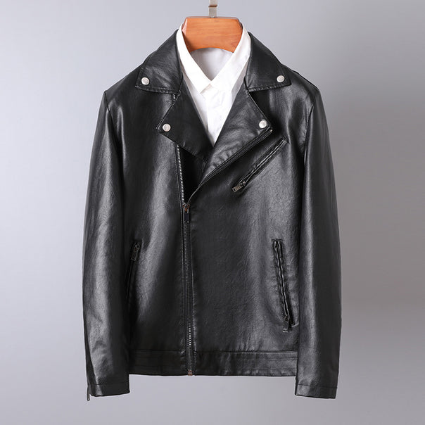 Men's Slim-Fit Faux Leather Moto Jacket with Asymmetrical Zipper and Clean Notched Lapel Mune Fashion